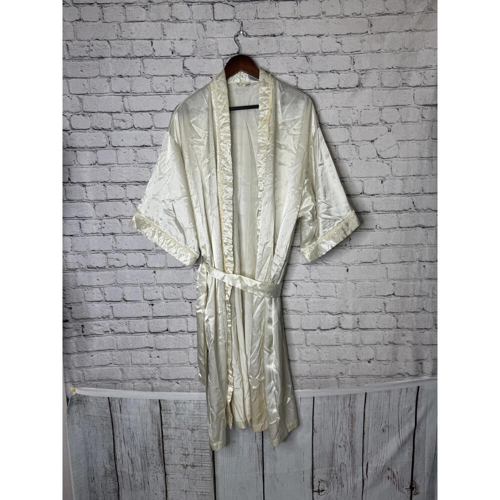 Adonna Medium Ivory Satin‎ Robe with Lace Trim